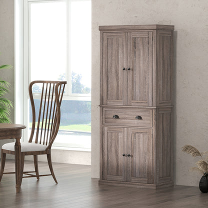 HOMCOM Freestanding Kitchen Cupboard, 184cm Tall Storage Cabinet with Doors and Shelves, Traditional Colonial 4-Door Kitchen Pantry Cupboard with Drawer, Dark Wood Grain 