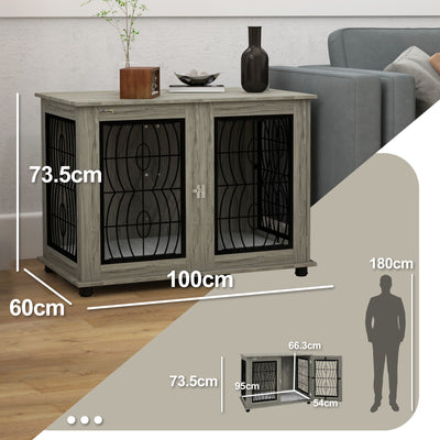 PawHut Indoor Dog Crate Furniture End Table with Soft Washable Cushion, Lockable Front Door, for Large Dogs - Grey 