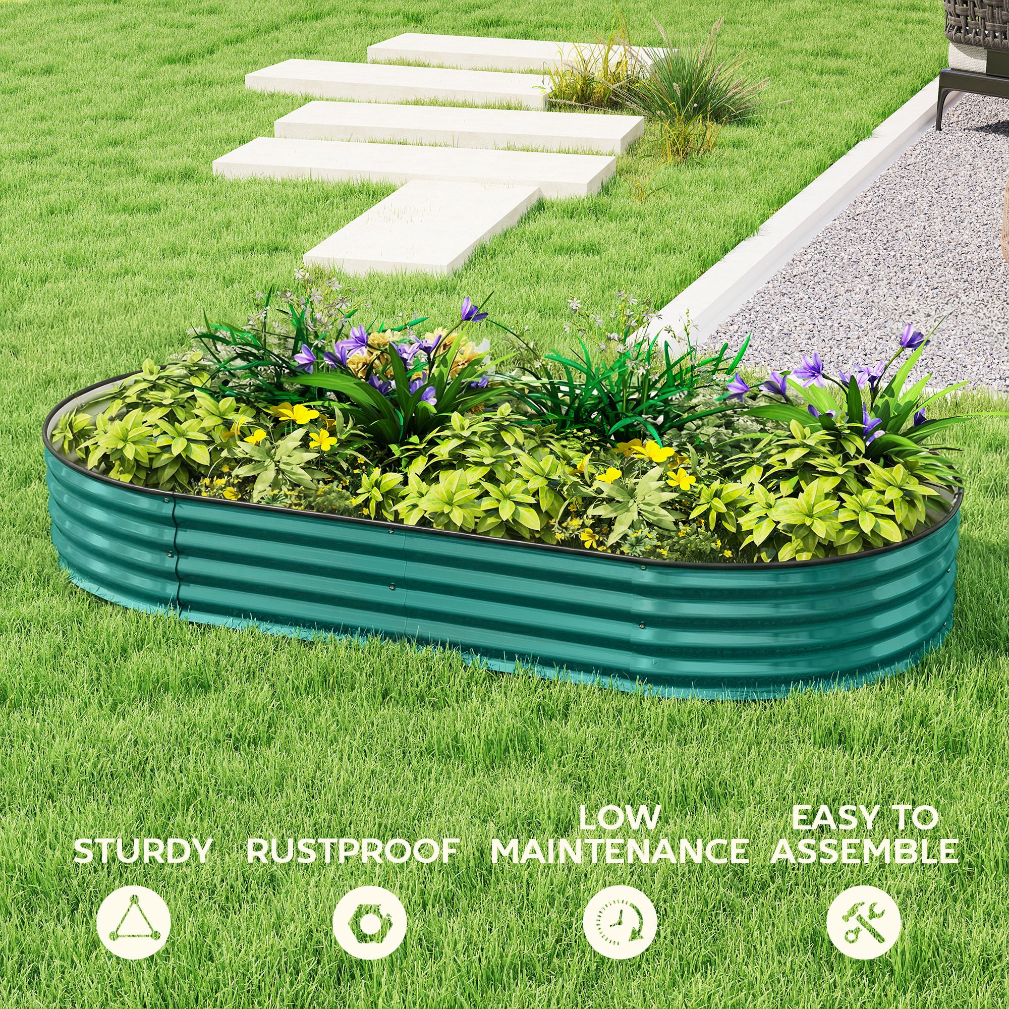 Outsunny Galvanised Raised Garden Bed, Metal Planter Box with Safety Edging, for Flowers, Herbs, Succulents, Light Green 