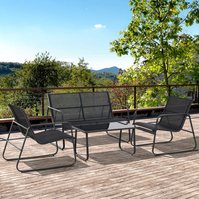 Outsunny 4 Piece Garden Furniture Set Outdoor Patio Sofa Set with Double Chair, Single Chairs and Glass Top Table for Terrace and Balcony, Black 