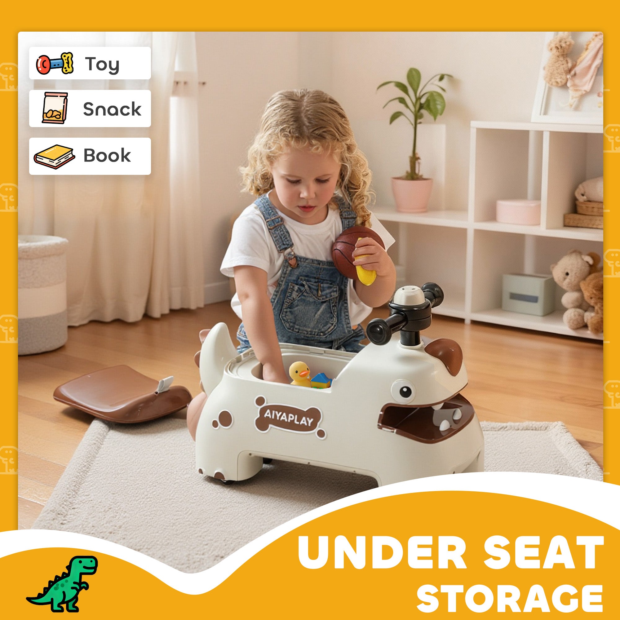 AIYAPLAY Kids Ride On Car, Dinosaur Foot to Floor Slider with Storage, Toddler Walker with Light, Sounds, Cream 