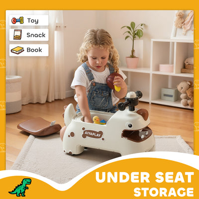 AIYAPLAY Kids Ride On Car, Dinosaur Foot to Floor Slider with Storage, Toddler Walker with Light, Sounds, Cream 