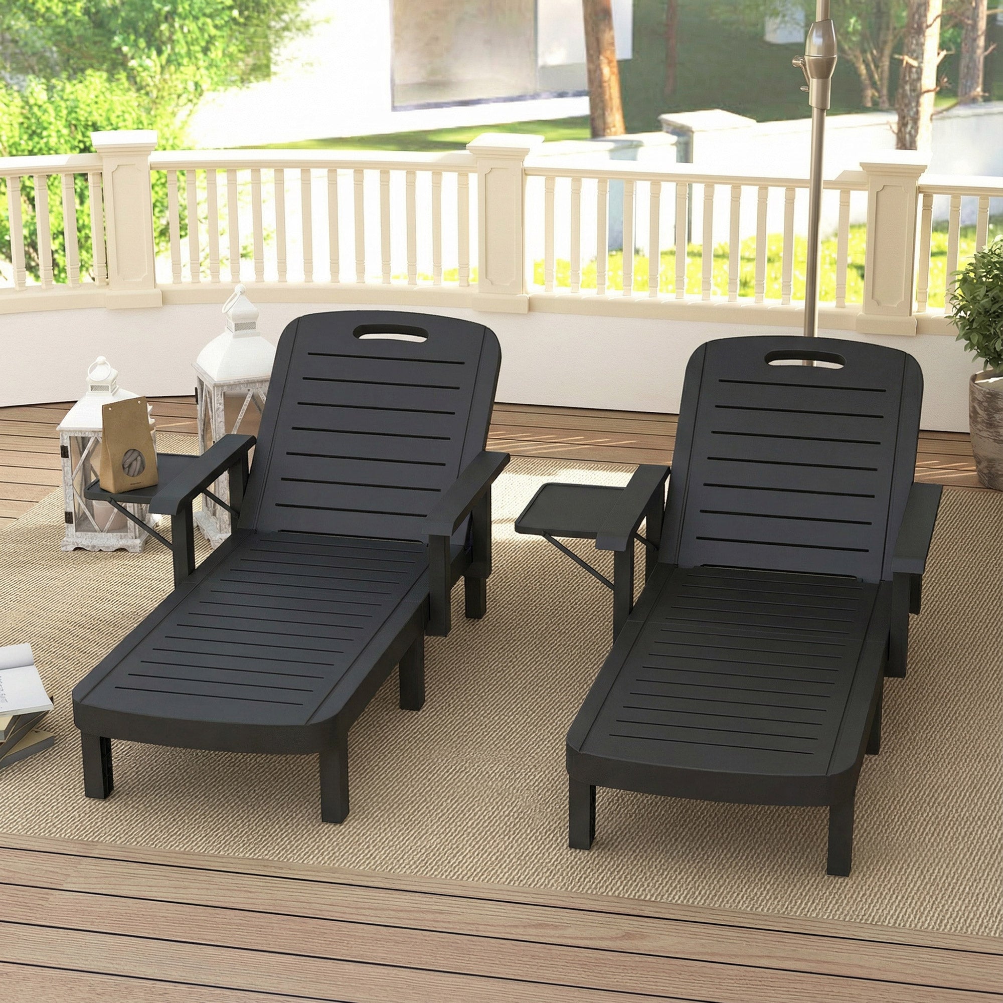 Outsunny Set of 2 Reclining Sun Loungers, 5 Positions Adjustable Outdoor Chaise Lounge Chair with Armrests, Black 