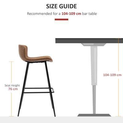 HOMCOM Bar Stools Set of 2, PU Leather Upholstered Bar Chairs, Kitchen Stools with Backs and Steel Legs for Dining Room, Brown 