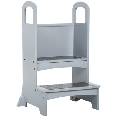 HOMCOM Kids Wooden Step Stool Kitchen Helper w/ Non-Slip Panels Handles Child Toddler Home Help 3 - 8 Yrs Grey 