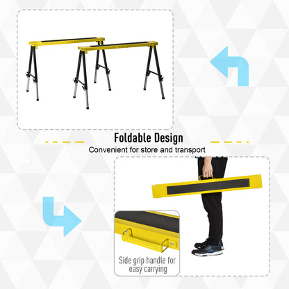DURHAND 2PCS Saw Horse Twin Pack Folding Workbench Adjustable Metal Trestle Stands with Non-slip EVA Surface for Sawing Work Max Load 100kg 