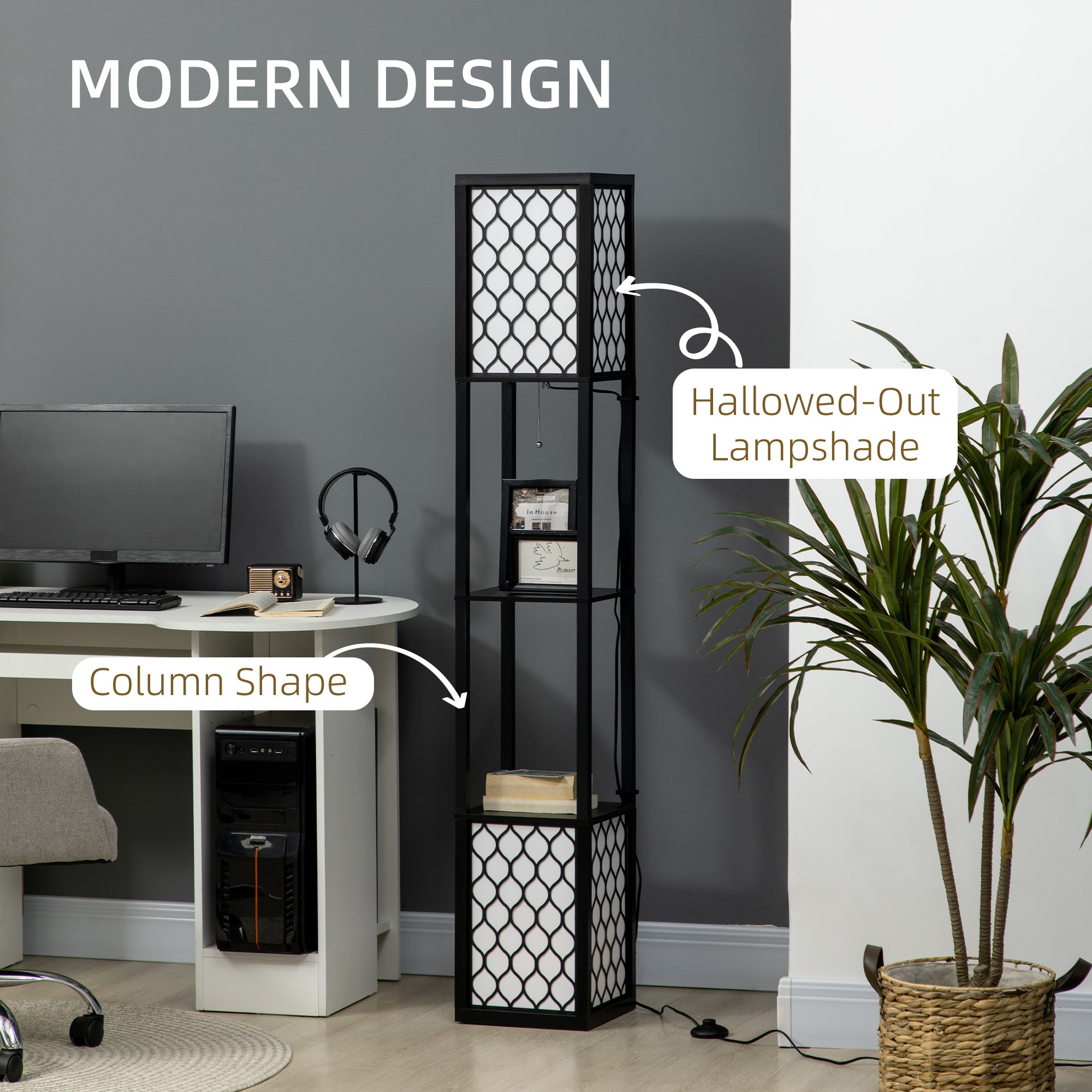 HOMCOM Floor Lamp with Shelves, Dual Light, Modern Tall Standing Lamps for Living Room, Bedroom, with Pull Chain Switch, Bulb not Included, Black 