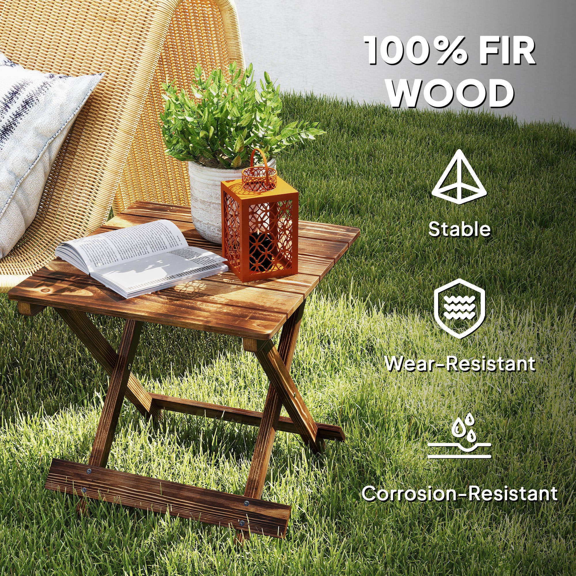 Outsunny Fir Wood Folding Coffee Table, Lightweight Small Garden Table with Slatted Top, Portable Folding Side Table for Balcony 