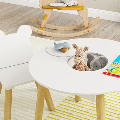 AIYAPLAY 3-Piece Kids Activity Table Set with Centre Mesh Bag, Bear-Shaped Backrest, for Arts and Crafts, Reading, White