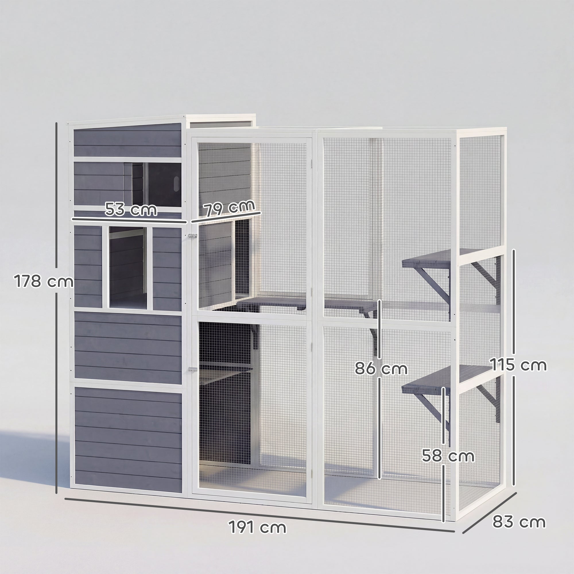 PawHut 4-Tier Wooden Catio Cat Outdoor Enclosure with Sun Roof, Resting Rooms, 3 Platforms, Window Outdoor Indoor, Grey 