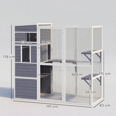 PawHut 4-Tier Wooden Catio Cat Outdoor Enclosure with Sun Roof, Resting Rooms, 3 Platforms, Window Outdoor Indoor, Grey 