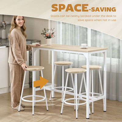HOMCOM 5 Piece Bar Table Set for 4 with Stools, Metal Frame, Footrest for Kitchen Natural Wood 