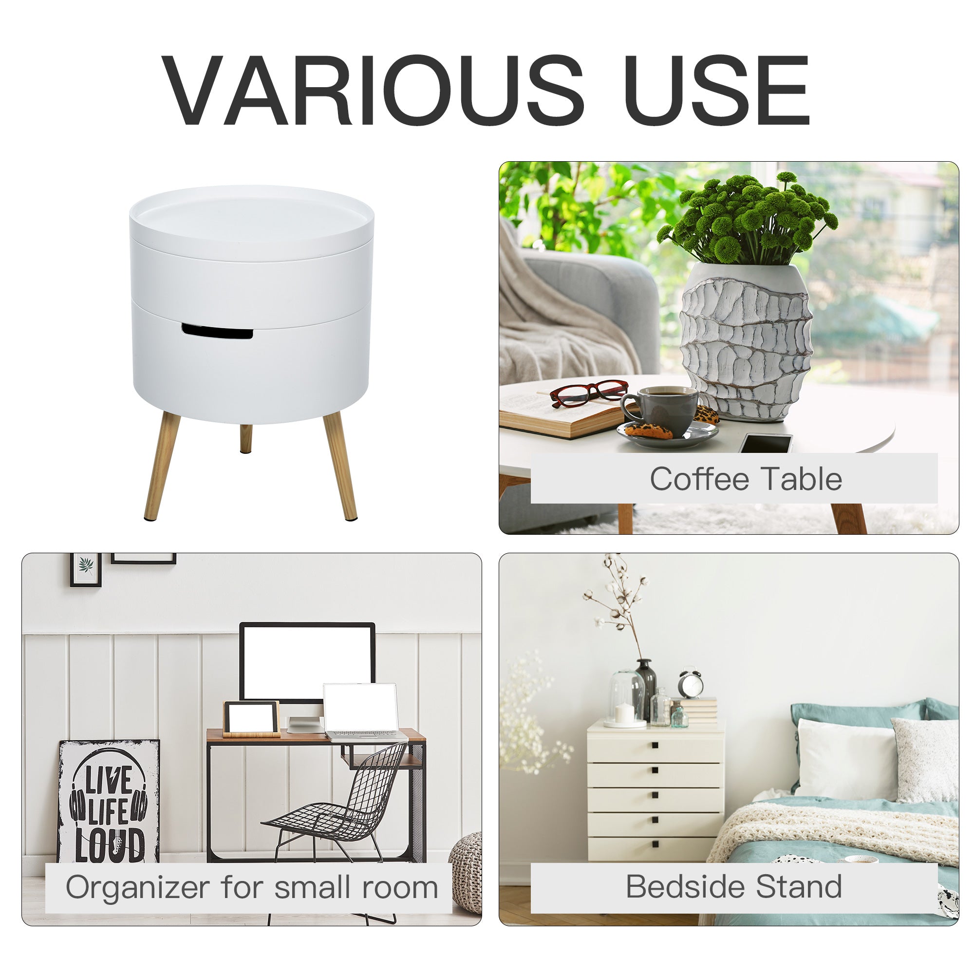 HOMCOM 3-Tier Coffee Table, Round End Table with 2 Hidden Compartments and Detachable Tray, Side Table with Storage for Living Room, White 
