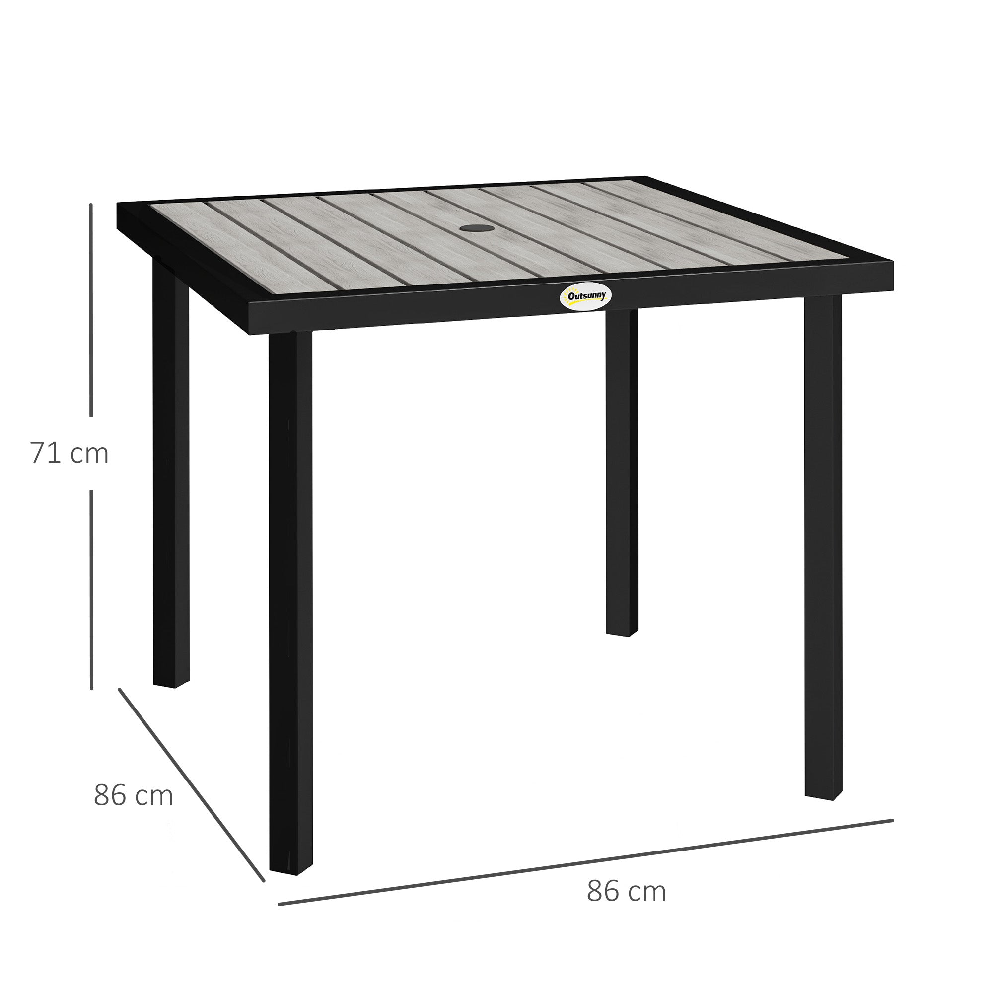 Outsunny Square Garden Dining Table with 5.4cm Parasol Hole, Slatted Top, Metal Frame, 86 x 86 x 71 cm, Light Grey 