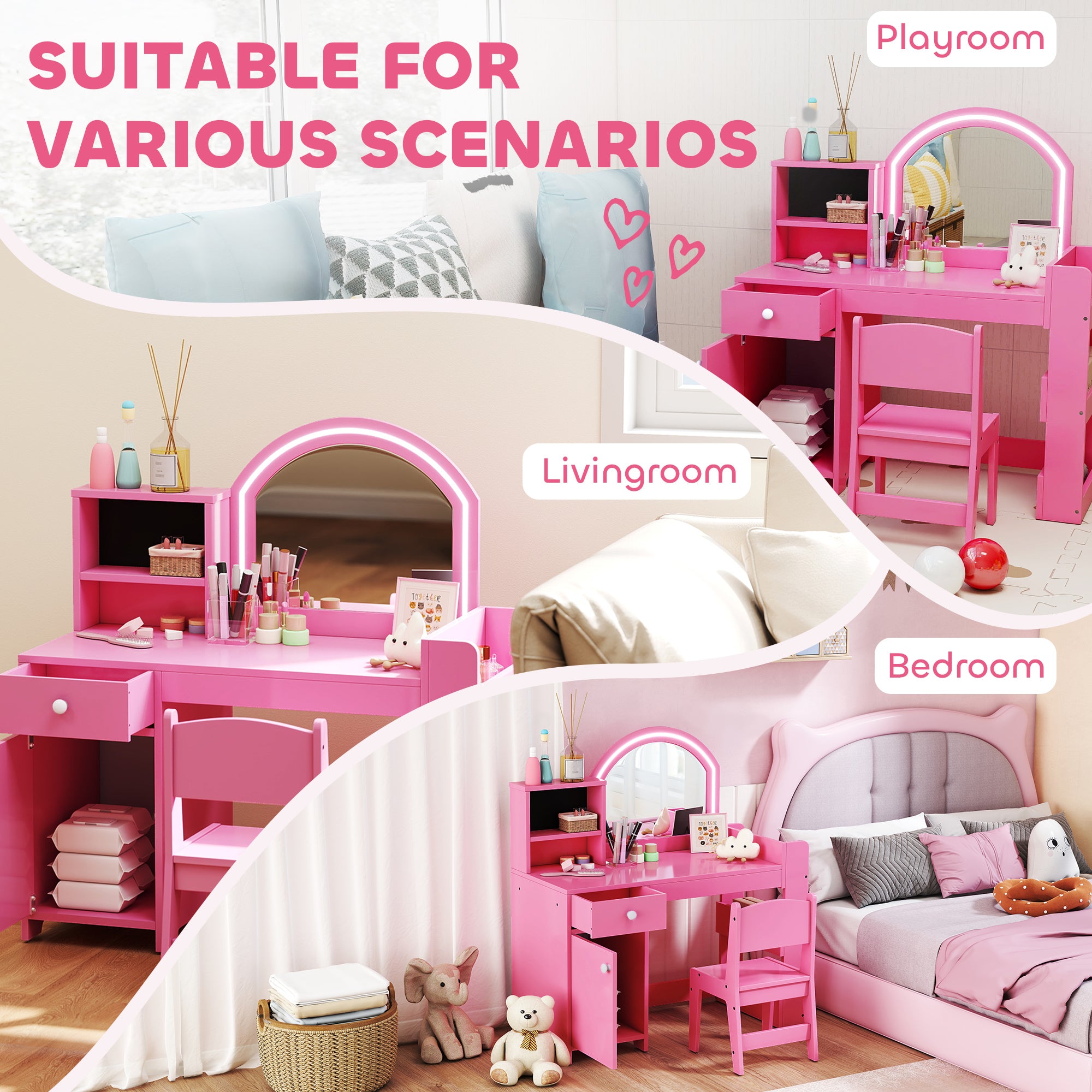 AIYAPLAY Kids Vanity Table and Chair Set, Girls Dressing Table with 2-Colour LED Mirror, Stool, Cabinet, Drawer, Shelves, Pink 