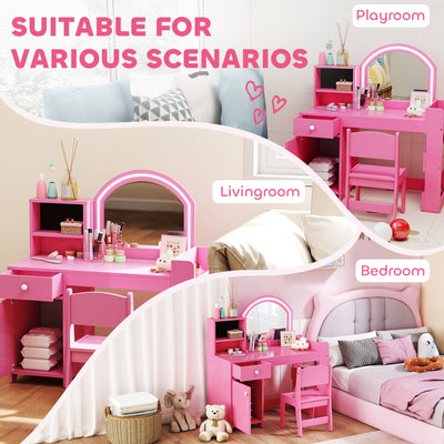 AIYAPLAY Kids Vanity Table and Chair Set, Girls Dressing Table with 2-Colour LED Mirror, Stool, Cabinet, Drawer, Shelves, Pink 