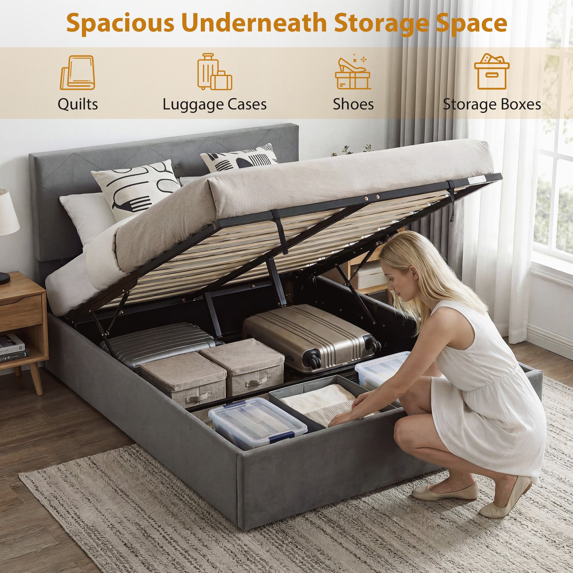 HOMCOM Double Bed Frame Gas Side Lift Under Bed Storage Upholstered Platform Bed Tufted Headboard for 140 x 190 cm Mattress 
