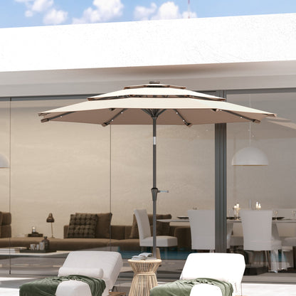 Outsunny 3-Tier Garden Parasol with Solar LED Lights, UPF 30+, Tilt Mechanism & Crank Handle, for Market Terrace, Khaki 