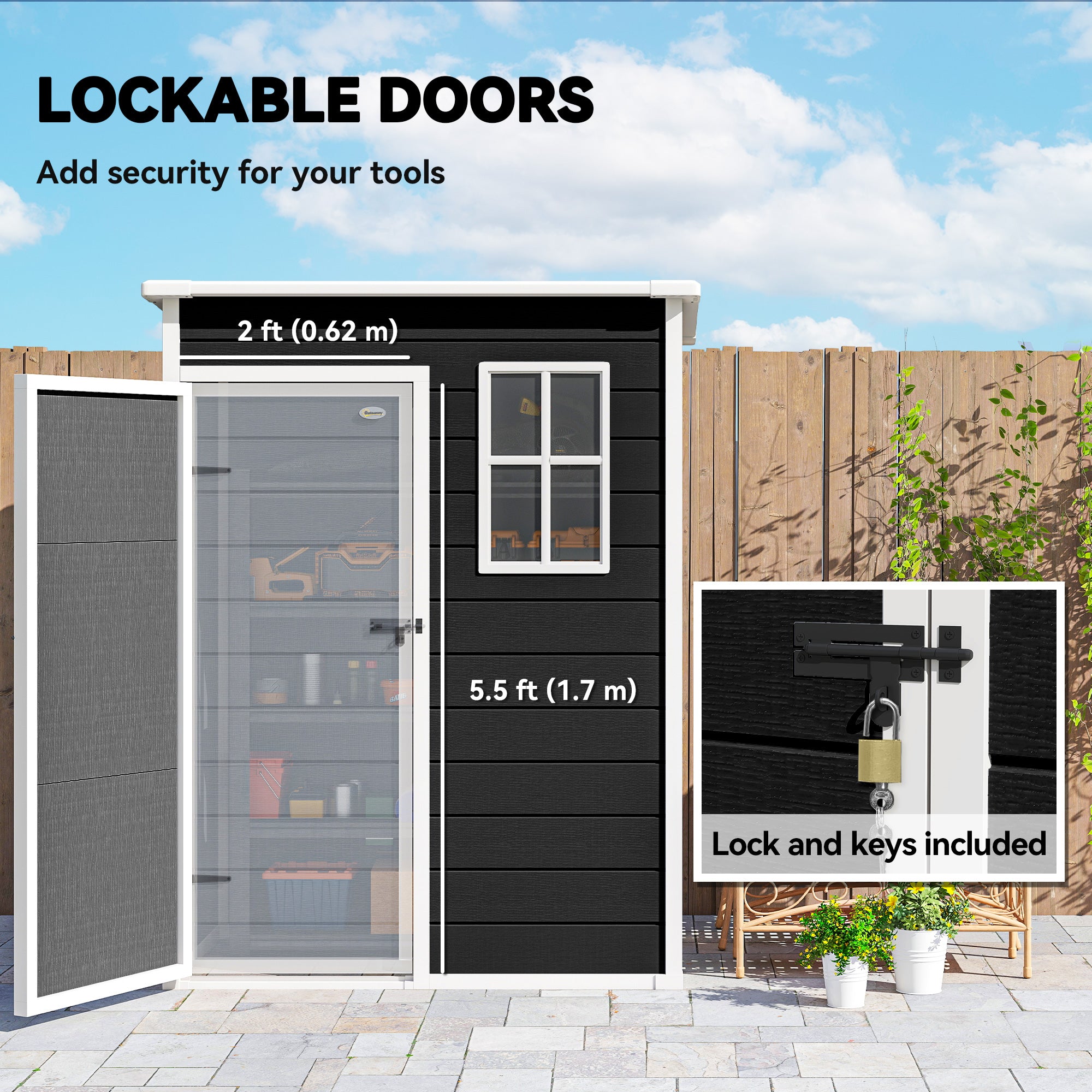 Outsunny 5' x 3' Garden Shed with Floor, Outdoor Storage Shed with Lockable Door, Window and Vent, Black 