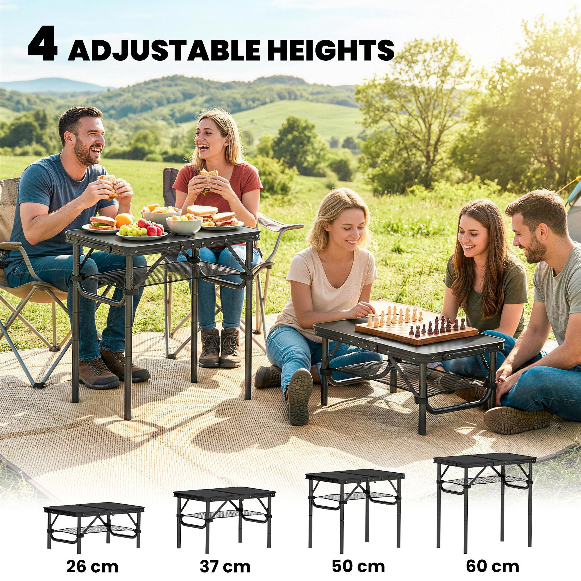 Outsunny 2ft Folding Camping Table, Picnic Table with Mesh Storage Layer, 4 Adjustable Heights and Carrying Handle, Black 