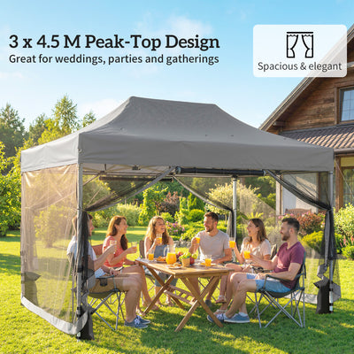 Outsunny 3 x 4.5 m Pop Up Gazebo with Mesh Nettings, UPF50+ Heavy Duty Outdoor Garden Party Tent Marquee, Dark Grey 