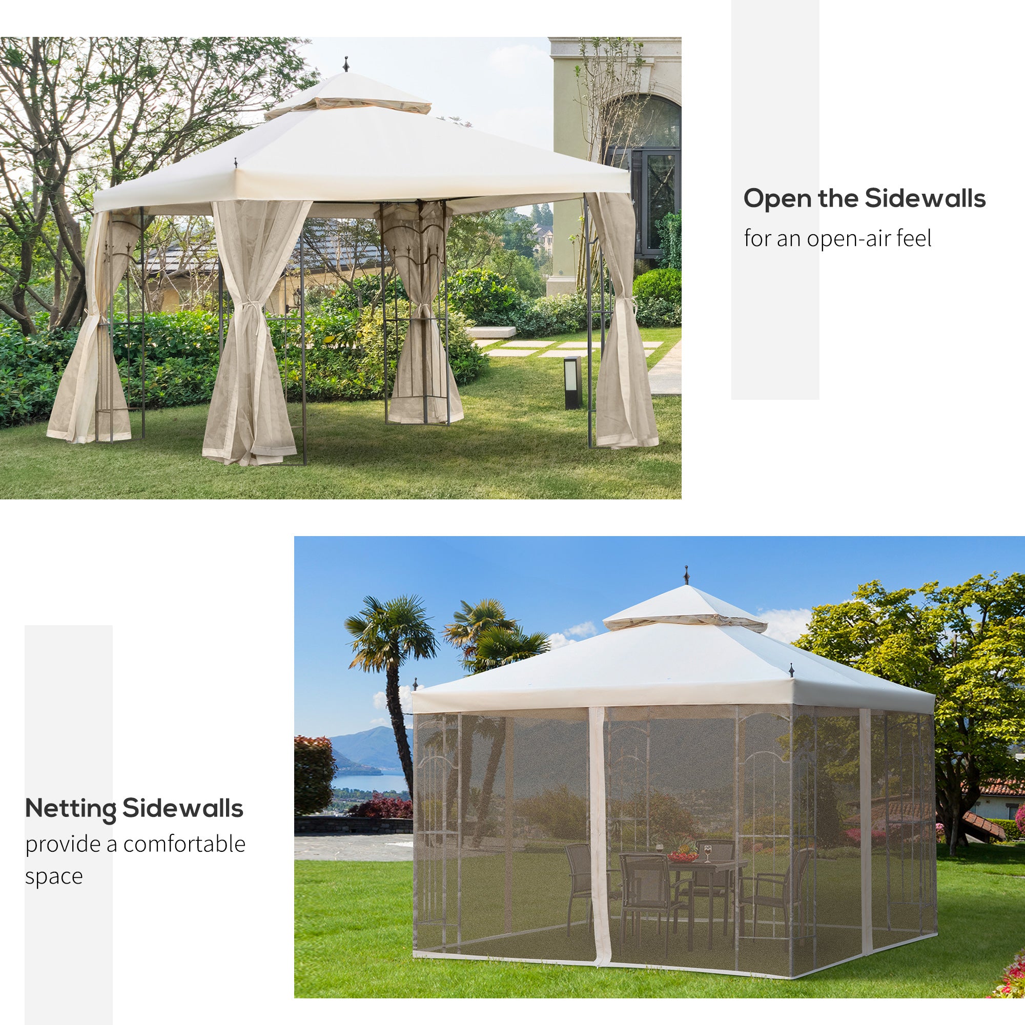 Outsunny 3(M)x3(M) Garden Gazebo Double Top Outdoor Canopy Patio Event Party Wedding Tent Backyard Sun Shade with Netting - Cream White 