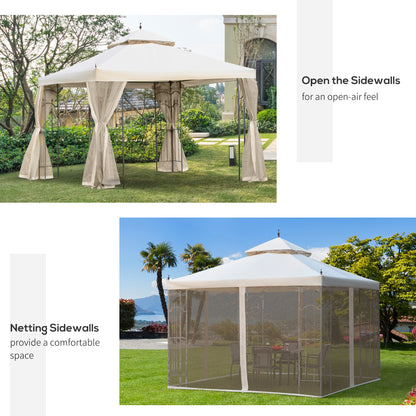 Outsunny 3(M)x3(M) Garden Gazebo Double Top Outdoor Canopy Patio Event Party Wedding Tent Backyard Sun Shade with Netting - Cream White 