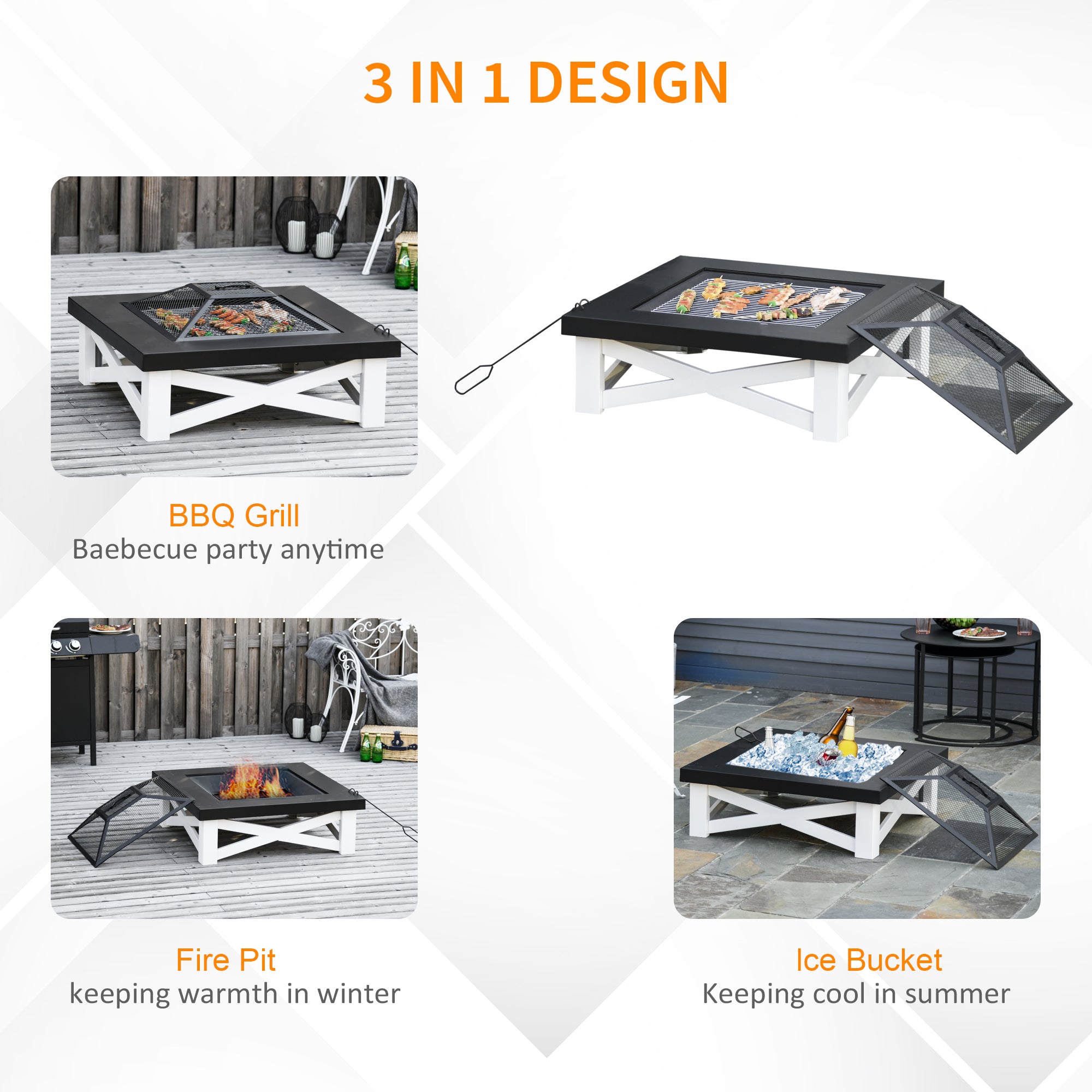 Outsunny Metal Large Firepit Outdoor 3 in 1 Square Fire Pit Brazier w/ BBQ Grill, Lid, Log Grate, Poker for Backyard, Camping, Bonfire, Wood Burning Stove, 86 x 86 x 38cm, Black 