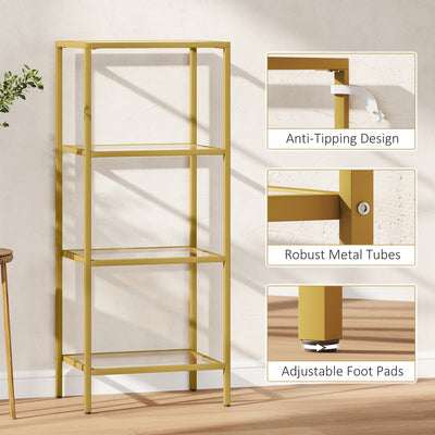 HOMCOM 4-Tier Shelving Unit, Glass Shelf, Vertical Storage Shelf for Living Room, Home Office, Bedroom, Bathroom, Gold Tone 
