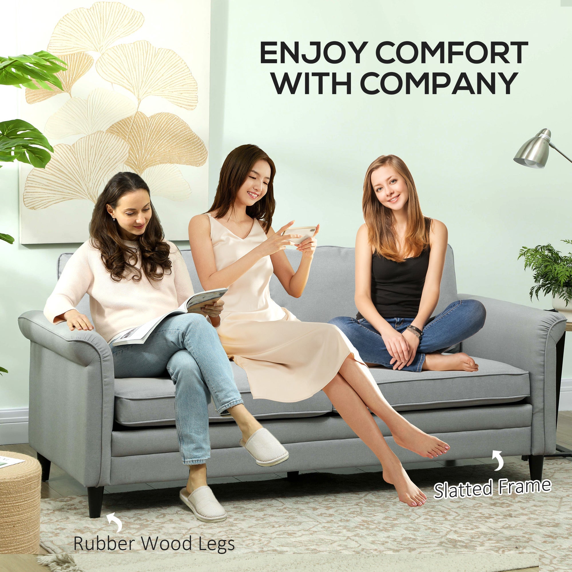 HOMCOM 3 Seater Sofa, Modern Fabric Sofa Couch with Spring Cushion, Rubber Wood Legs, 191cm Upholstered Settee for Living Room, Bedroom, Home Office, Guest Room, Grey 