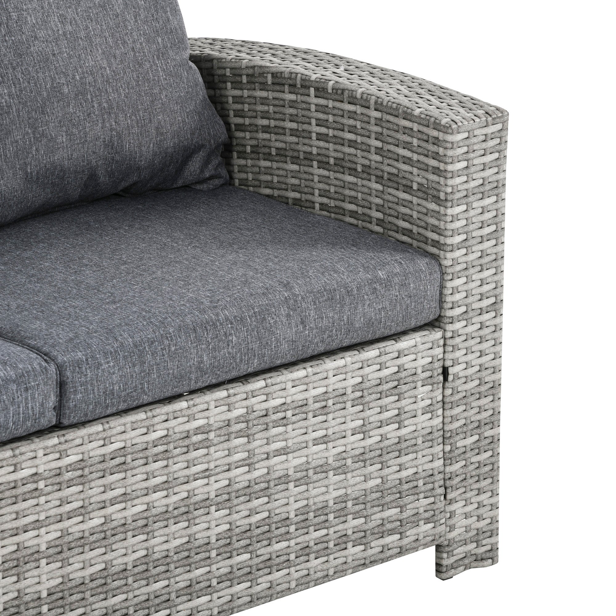 Outsunny 6 Pieces PE Rattan Garden Furniture Set with Three-seat, Armchairs and Footstools, Aluminium Patio Wicker Dining Sets w/ Glass Top Dining Table, Soft Cushion, Light Grey 
