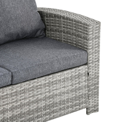 Outsunny 6 Pieces PE Rattan Garden Furniture Set with Three-seat, Armchairs and Footstools, Aluminium Patio Wicker Dining Sets w/ Glass Top Dining Table, Soft Cushion, Light Grey 