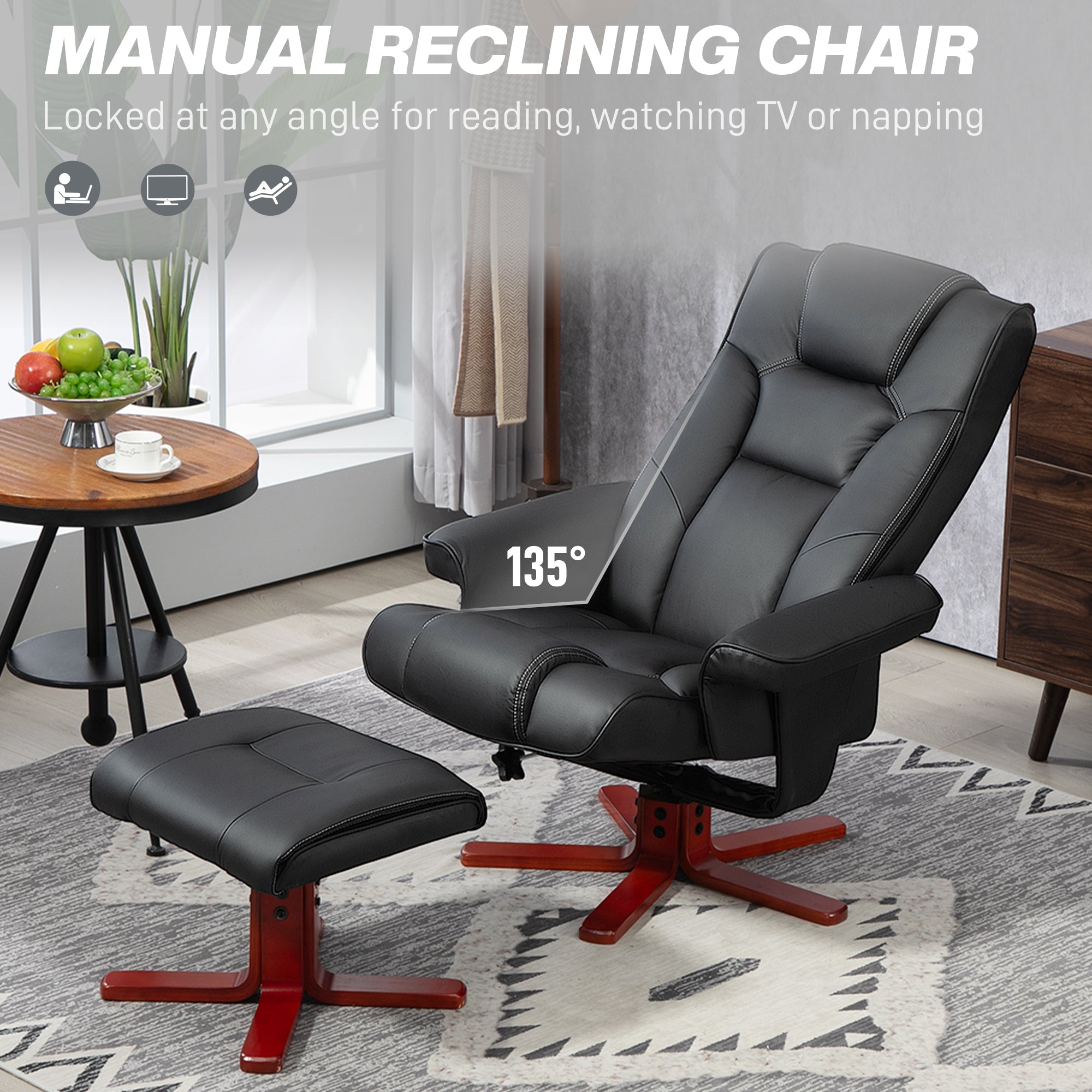 HOMCOM Faux Leather Manual Recliner and Footstool Set - Black 