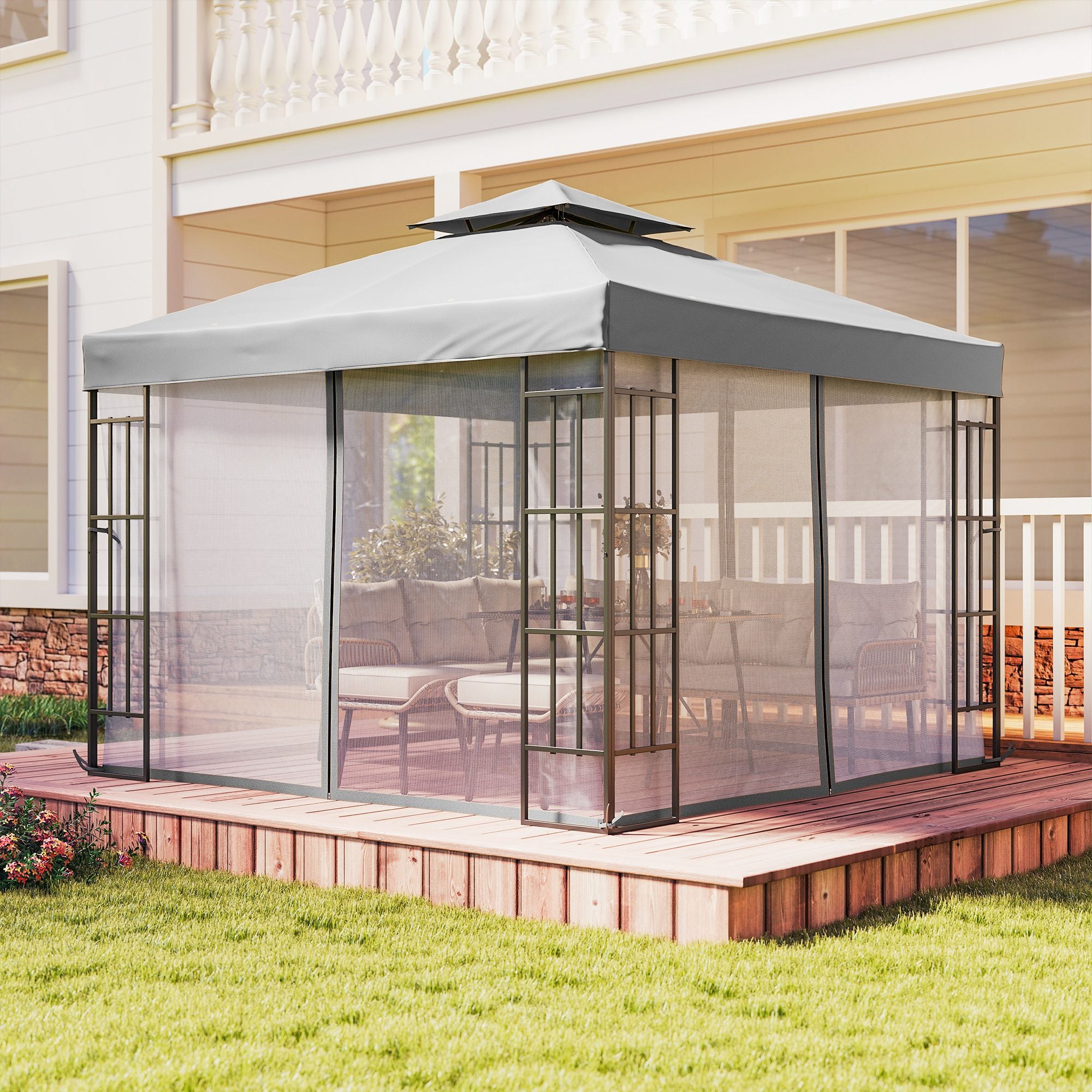 Outsunny 3 x 3(m) Patio Gazebo Canopy Garden Pavilion Tent Shelter with 2 Tier Roof and Mosquito Netting, Light Grey 