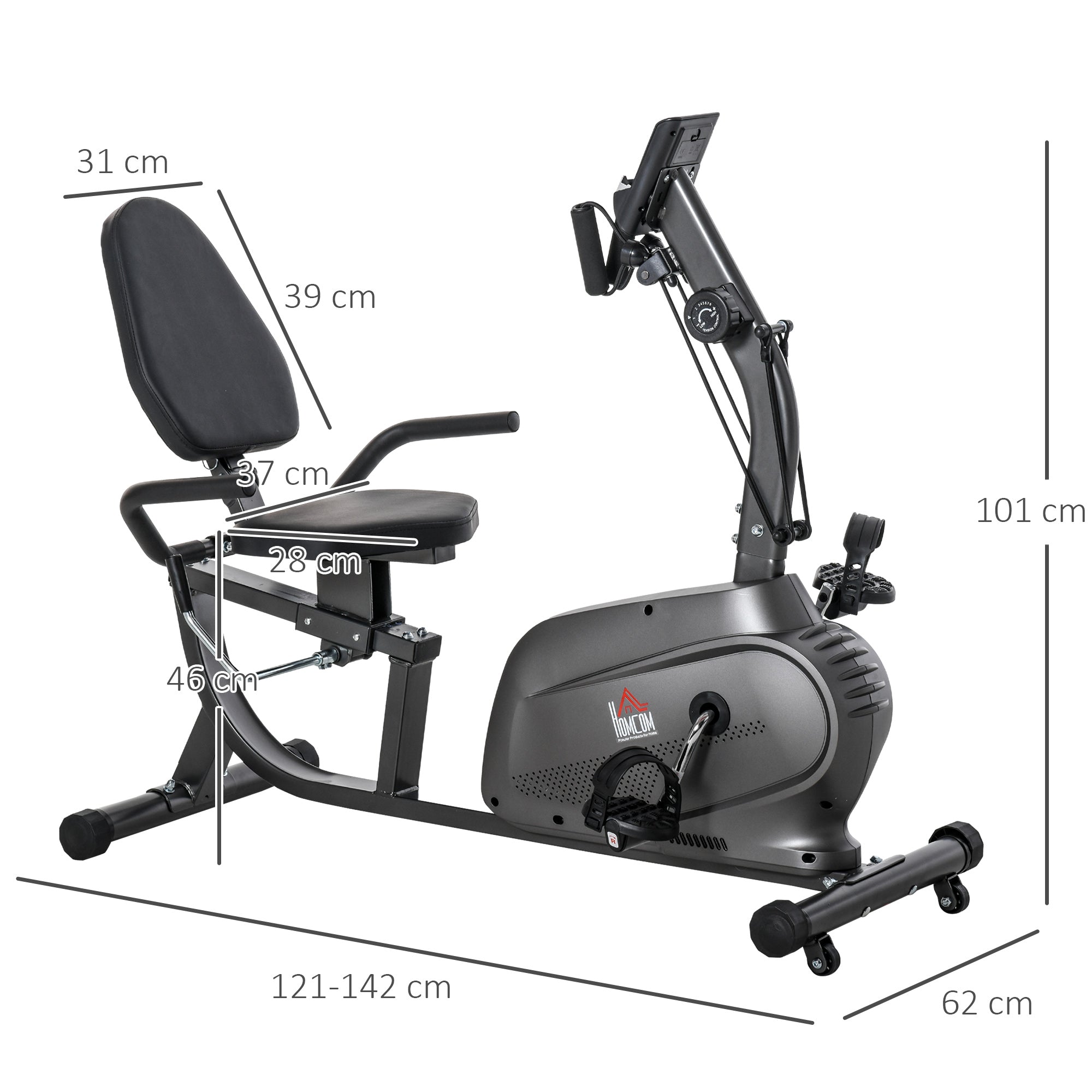 HOMCOM Recumbent Exercise Bike Recovery Exerciser, 8-Level Magnetic Resistance Stationary Bike with Pad Holder, LCD Monitor, for Indoor Cardio Workout, Black 
