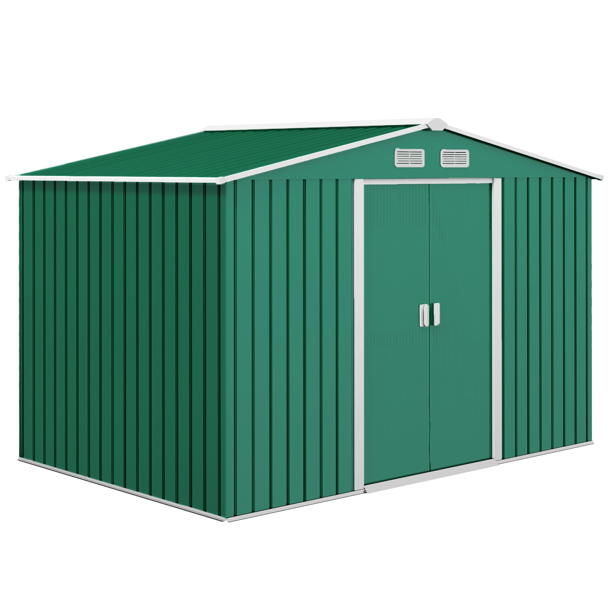 Outsunny 9 x 6ft Metal Garden Shed, Outdoor Storage Tool House with Ventilation Slots, Foundation Kit and Lockable Double Doors, Green 