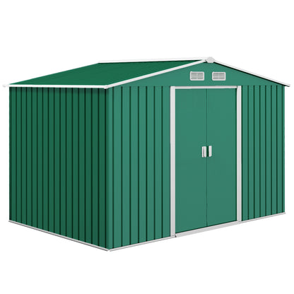 Outsunny 9 x 6ft Metal Garden Shed, Outdoor Storage Tool House with Ventilation Slots, Foundation Kit and Lockable Double Doors, Green 