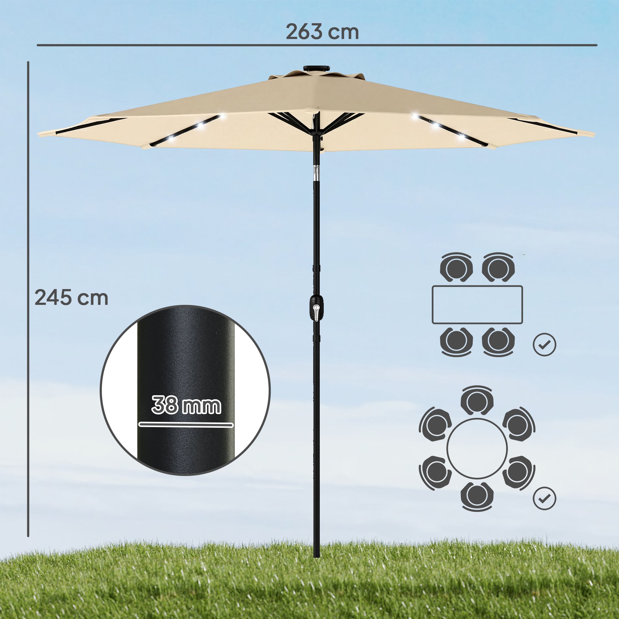 Outsunny 2.6 m Garden Parasol Umbrella with LED Solar Light, Parasol Cover, Outdoor Market Patio Umbrella, Beige 