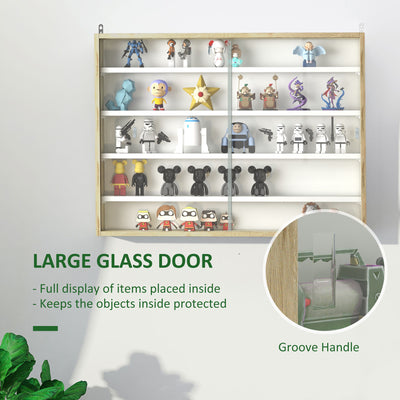 HOMCOM 5-Tier Wall Display Shelf Unit Cabinet w/ 4 Adjustable Shelves Glass Doors Home Office Ornaments 60x80cm Natural 