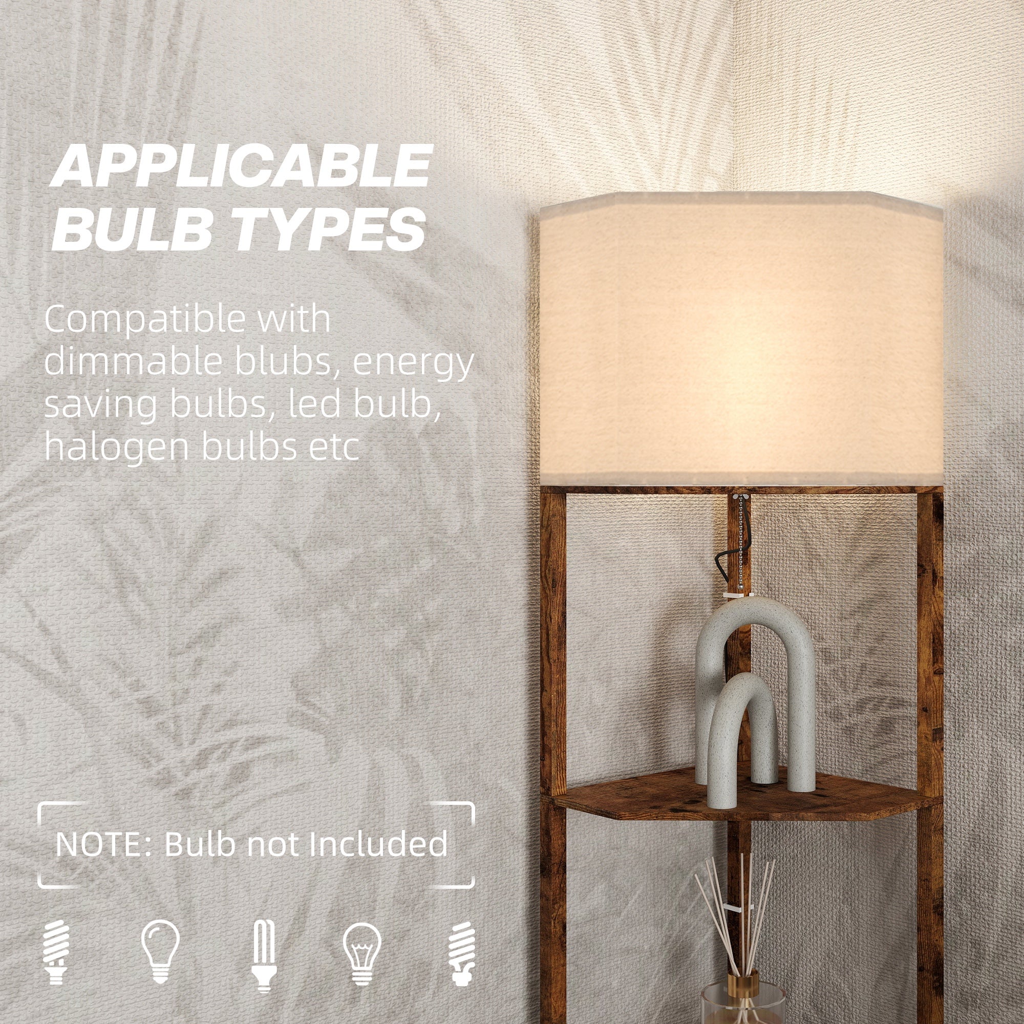 HOMCOM Corner Floor Light, with Shelves - Wood-Effect 