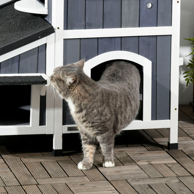 PawHut Wooden Cat House with Flower Pot, Windows, Multiple Entrances, Water-Resistant Roof for Outdoor - Grey 