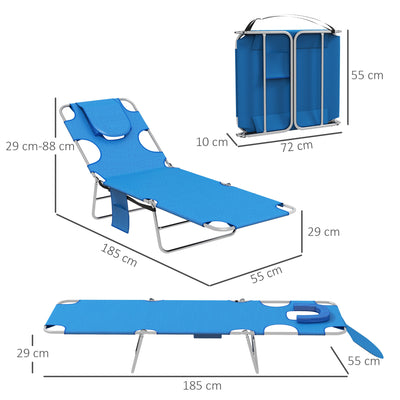 Outsunny Foldable Sun Lounger Set of 2 with Reading Hole, Portable Sun Lounger with 5 Level Adjustable Backrest, Reclining Lounge Chair with Side Pocket, Headrest Pillow, Blue 