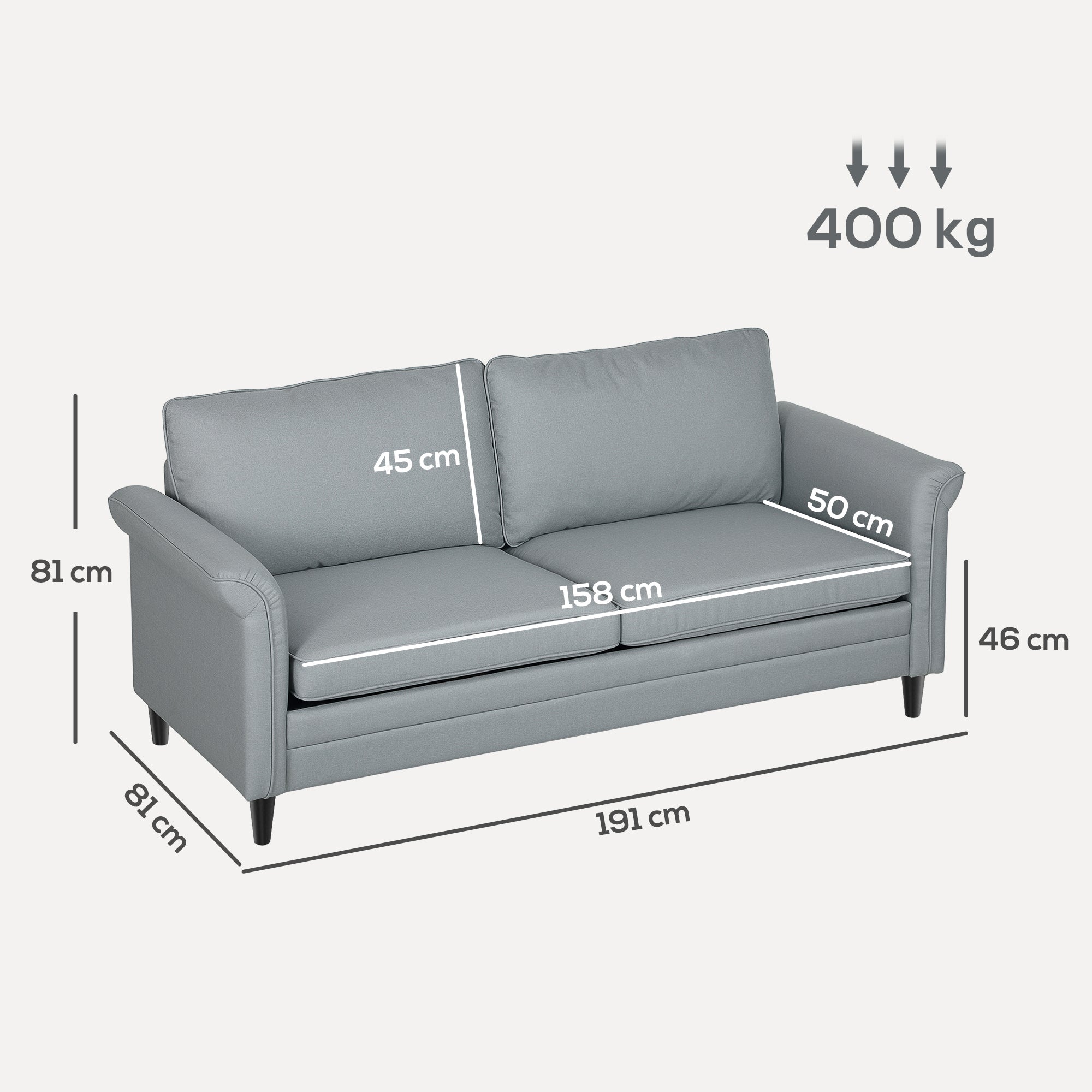 HOMCOM 3 Seater Sofa, Modern Fabric Sofa Couch with Spring Cushion, Rubber Wood Legs, 191cm Upholstered Settee for Living Room, Bedroom, Home Office, Guest Room, Grey 