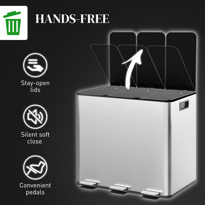 HOMCOM 3 x 15L Pedal Bin, Steel Triple Kitchen Bin with Soft Close Lid, Removable Inner Buckets, Fingerprint-Proof, Silver 