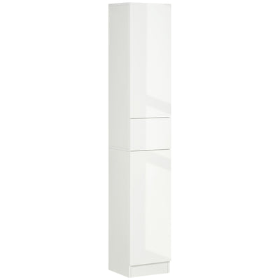 kleankin Tall Bathroom Cabinet with Adjustable Shelves, High Gloss Storage Cupboard, Freestanding Tallboy with Storage Drawer, White 