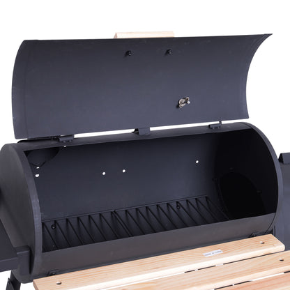 Outsunny Portable Charcoal BBQ Grill, Cold-rolled Steel, Solid Wood, 104H x 124L x53W cm-Black 