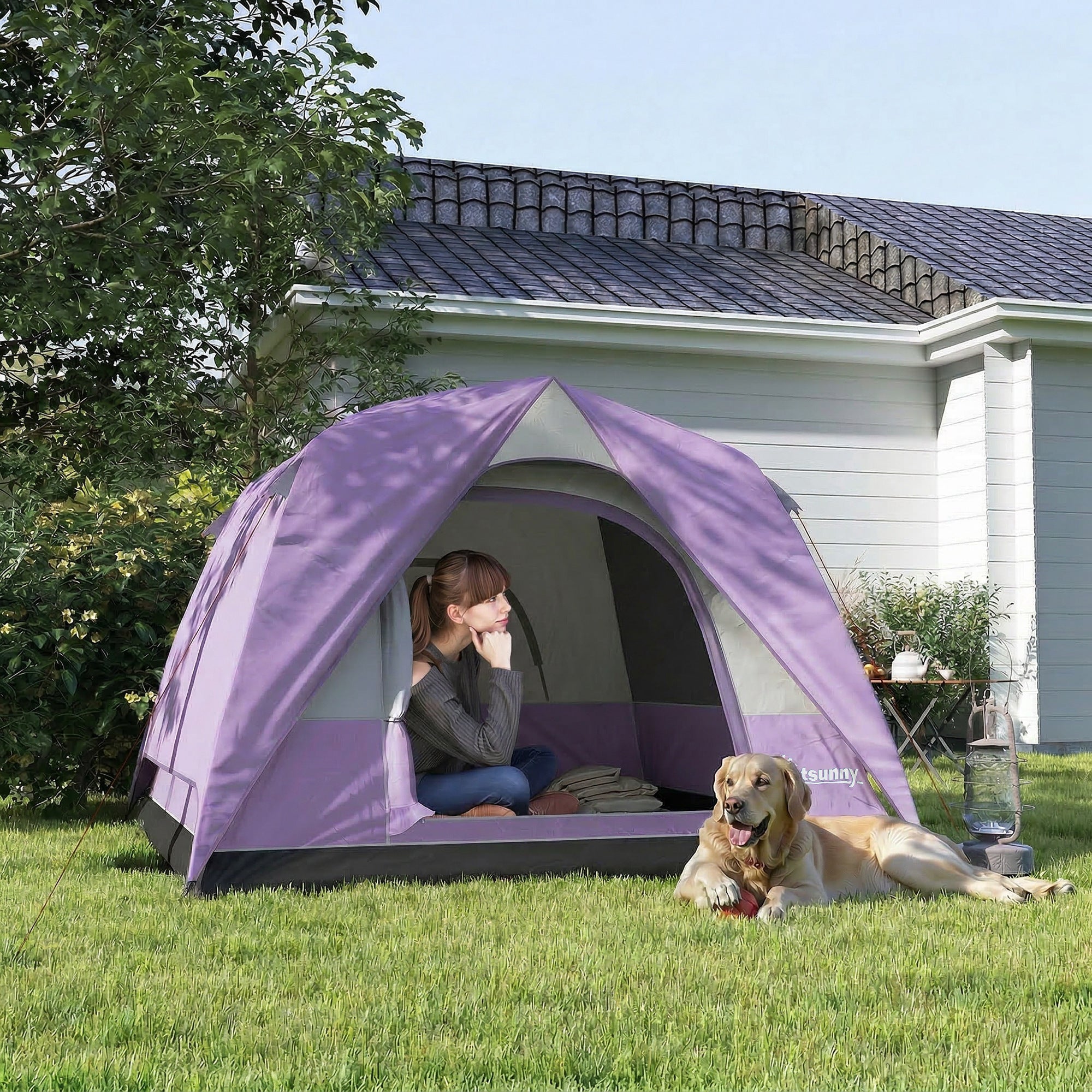 Outsunny 3-4 Person Camping Tent, Easy Set Up 3-4 Man Tent w/ Sewn-in Groundsheet, Waterproof Dome Tent w/ Mesh Windows 