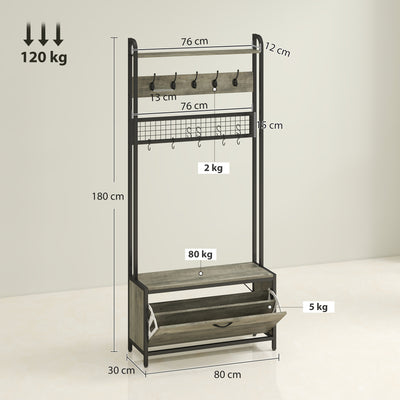 HOMCOM 5-In-1 Industrial-Style Hallway Tree - Grey/Black 