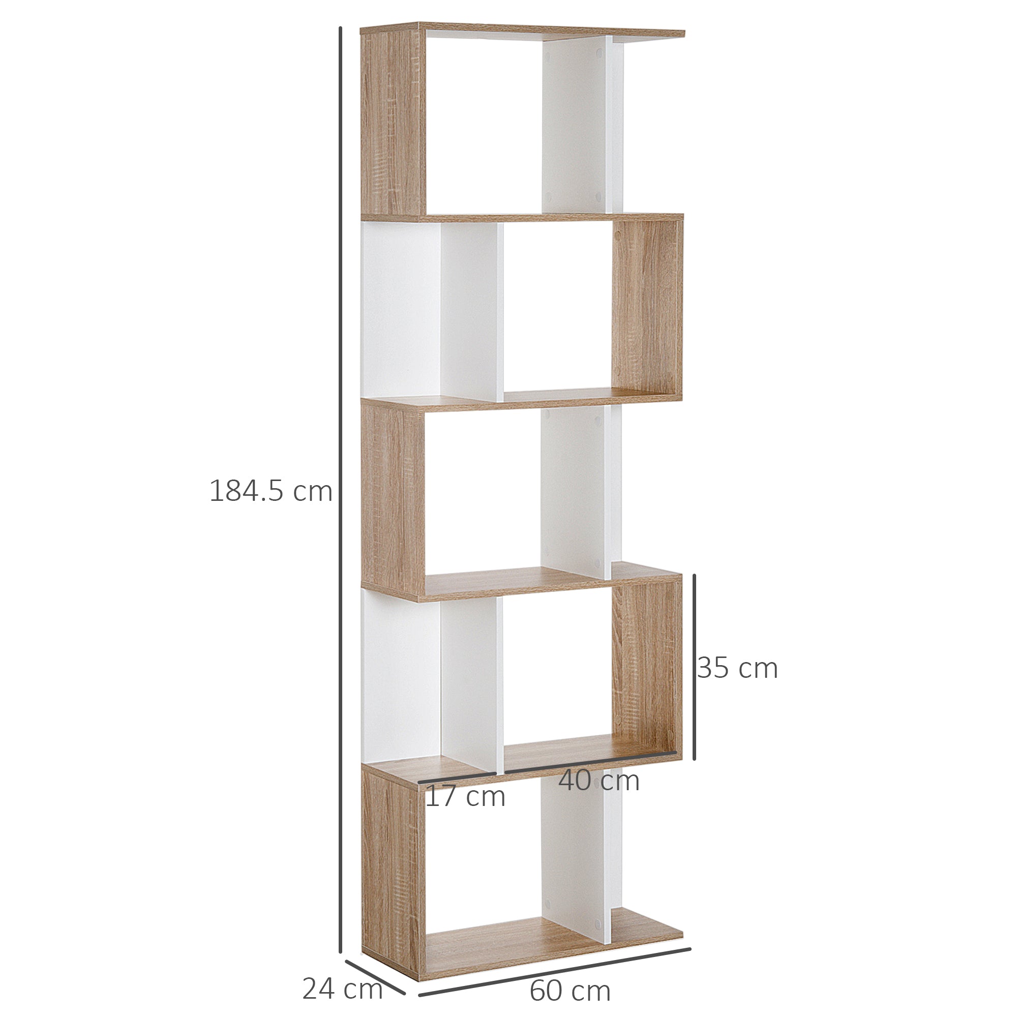 HOMCOM 5-tier Bookcase Storage Display Shelving S Shape design Unit Divider Natural 