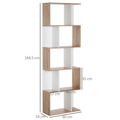 HOMCOM 5-tier Bookcase Storage Display Shelving S Shape design Unit Divider Natural 
